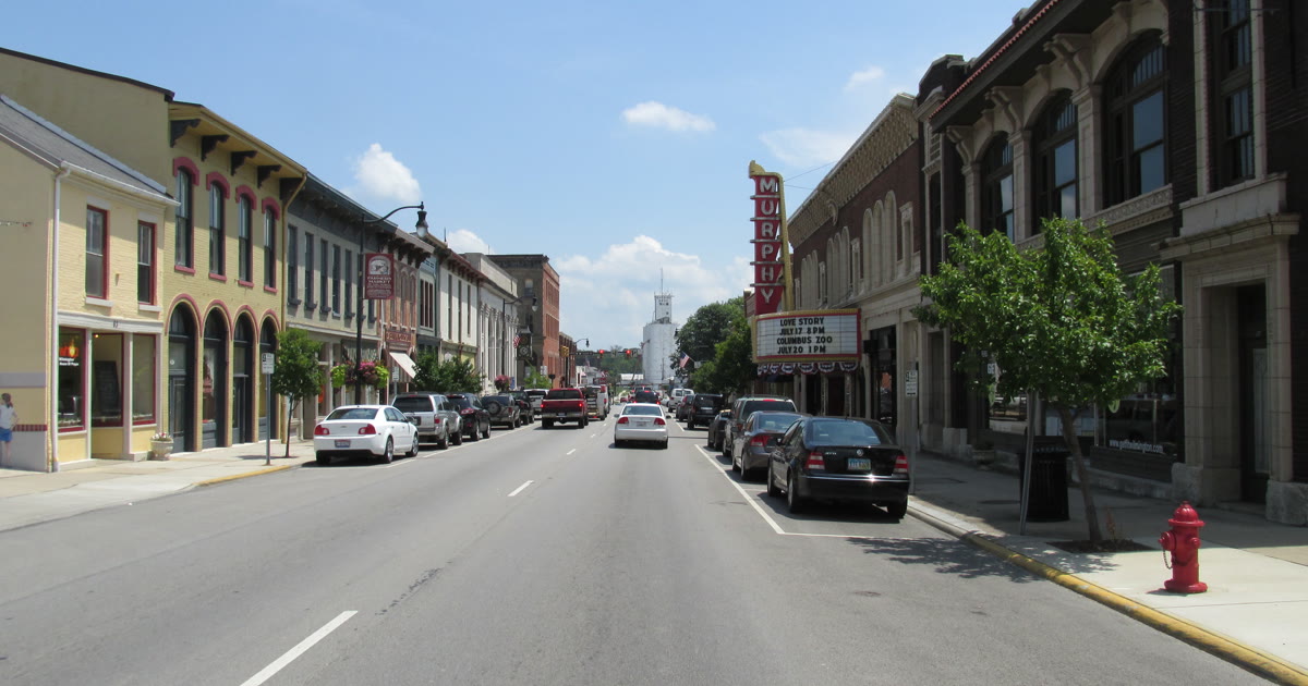 Main Street in downtown Wilmington, Ohio, with the Murphy Theatre