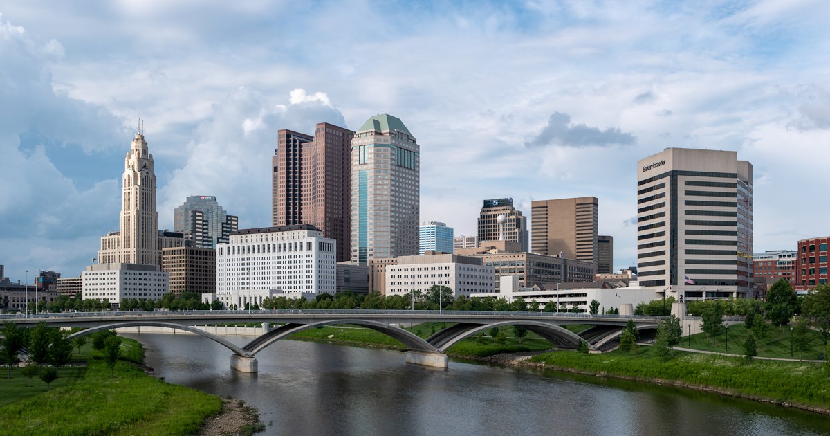 Downtown Columbus skyline seen from the Main Street Bridge over the Scioto River