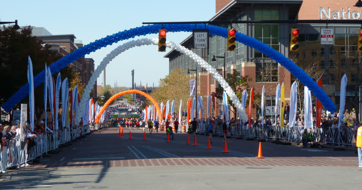 Runners at the Columbus Marathon finish in downtown Columbus
