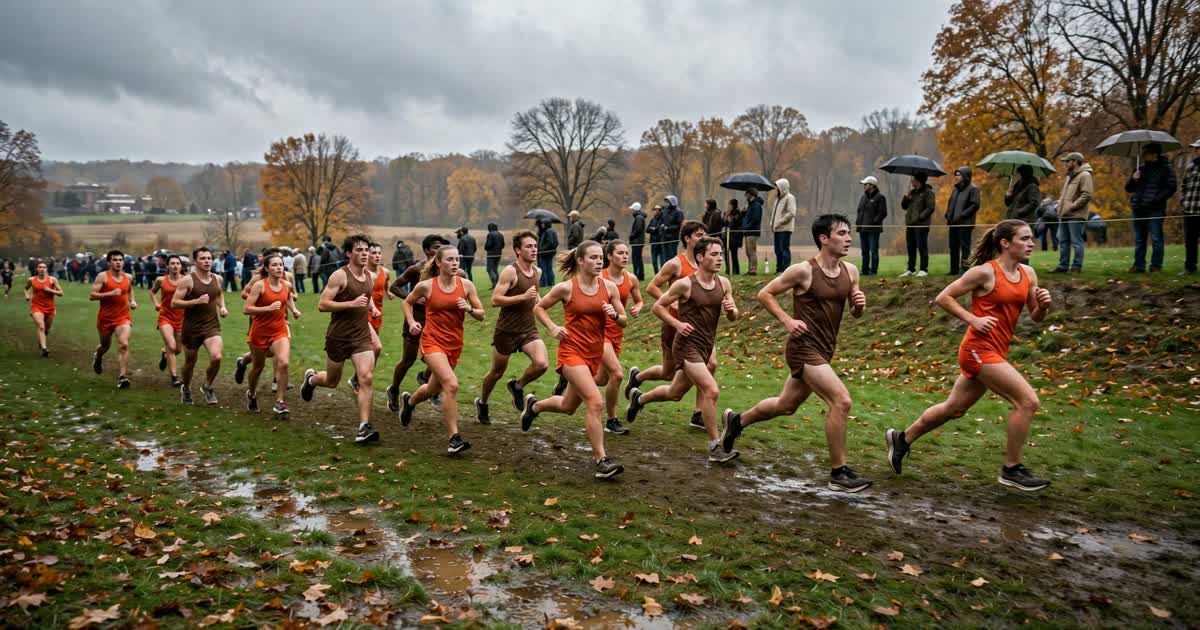 College cross country runners racing on a grass course in Bowling Green, Ohio