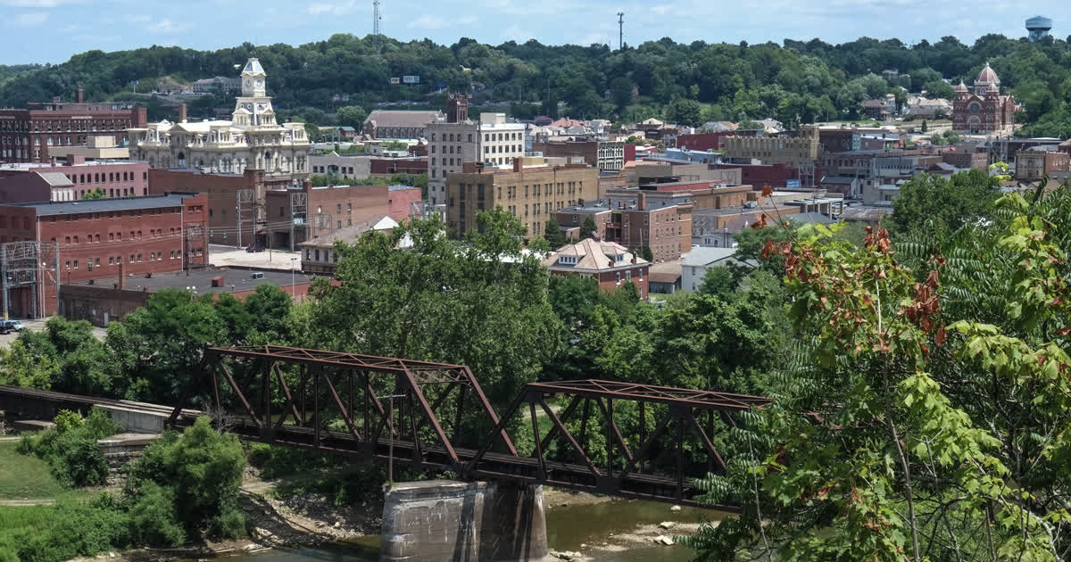 Downtown Zanesville Ohio with courthouse and river bridge