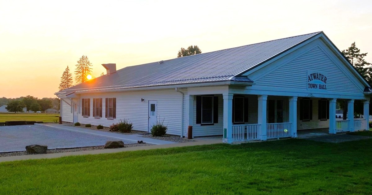 Atwater Town Hall in Atwater Township, Portage County, at sunset