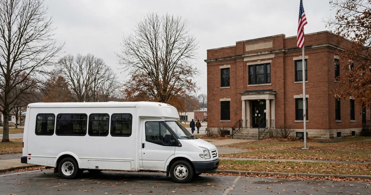 A small white transit bus parked outside a brick county building in Ohio