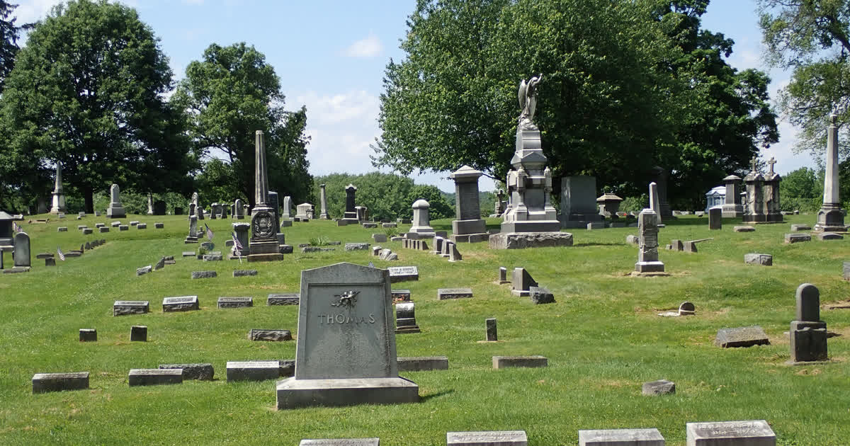 Historic gravestones and monuments at Cedar Hill Cemetery in Newark, Ohio