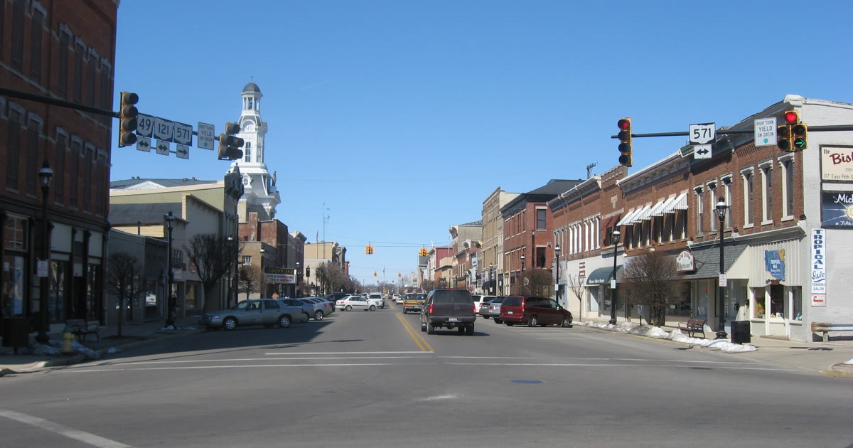 Downtown Greenville Ohio with Darke County Courthouse clock tower