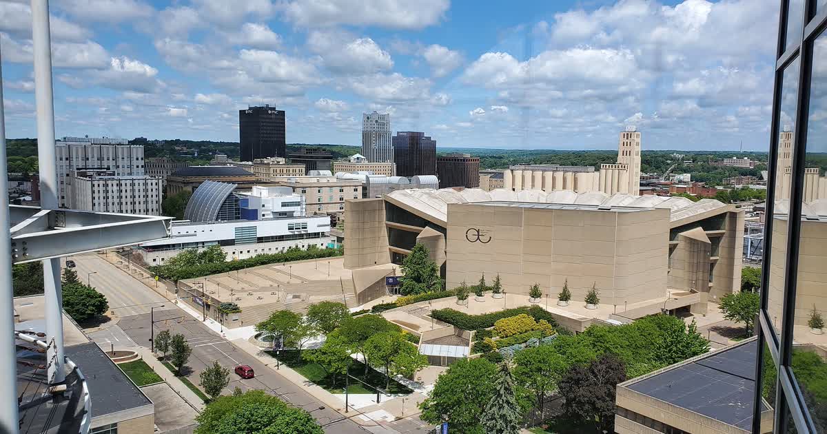 Downtown Akron skyline and E.J. Thomas Hall