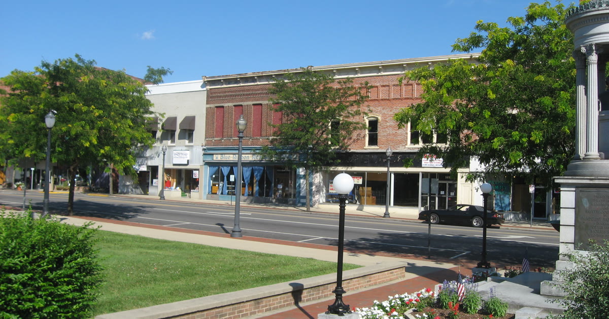 Downtown Washington Court House, Ohio, seen from the Fayette County courthouse lawn