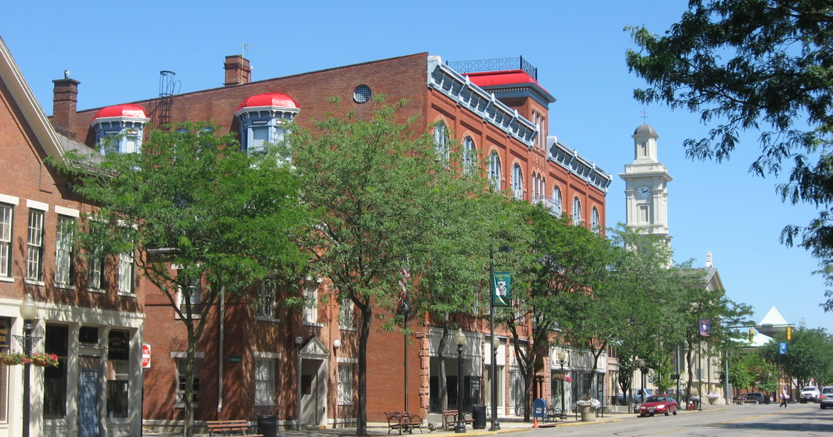 South Paint Street in downtown Chillicothe, Ohio, with brick buildings and clock tower