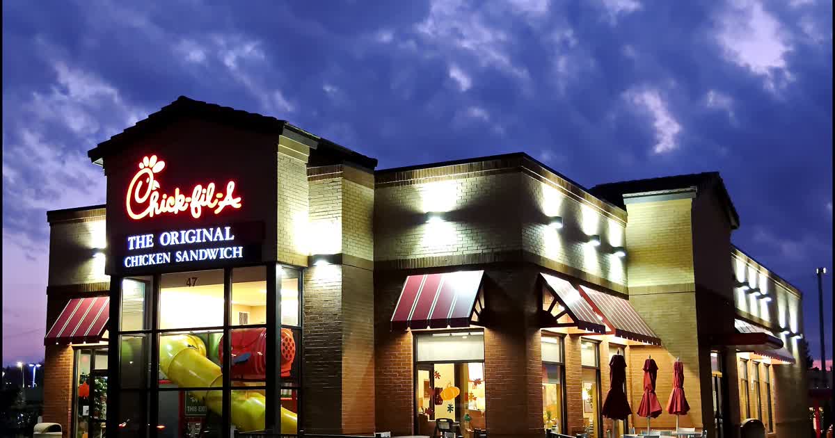 A Chick-fil-A restaurant in Ohio at dusk