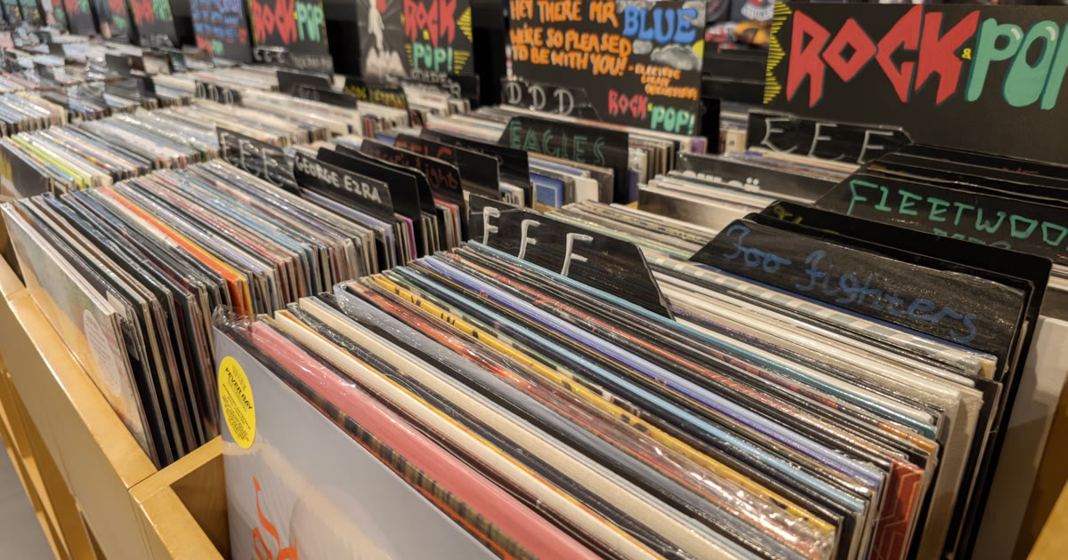 Vinyl records in bins at an independent record store