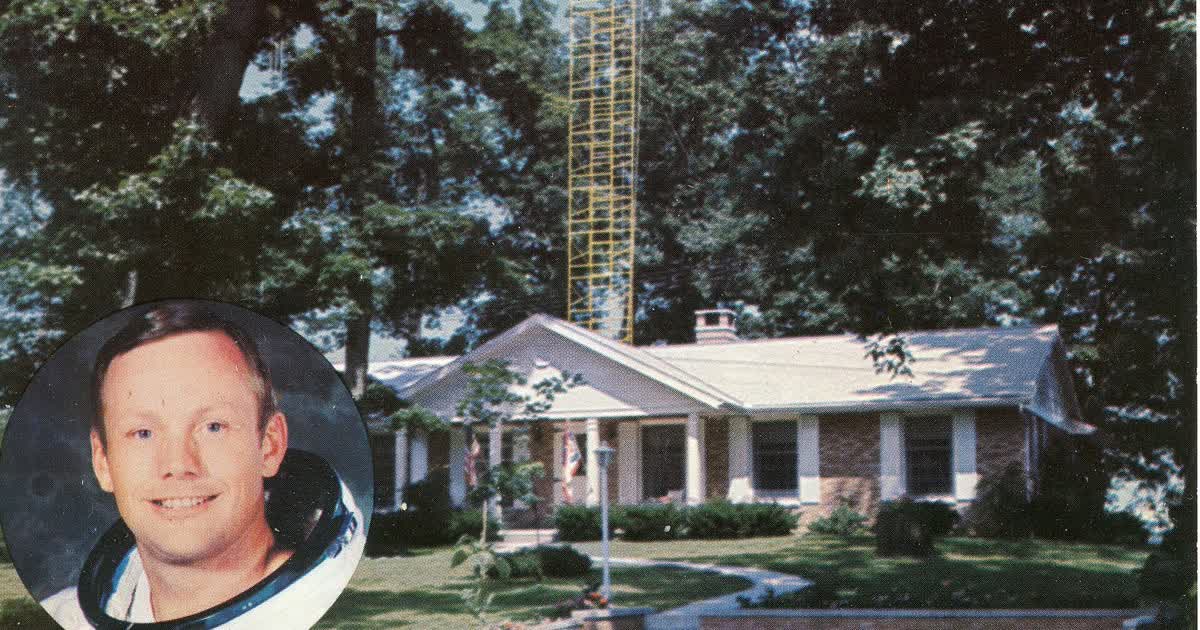 Historic postcard view of Neil Armstrong boyhood home in Wapakoneta with Armstrong inset