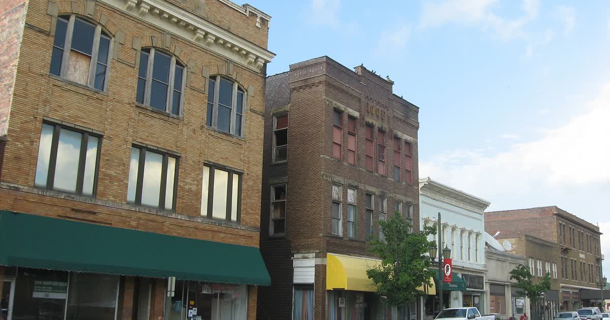 Historic brick storefronts along Main Street in downtown Logan, Ohio
