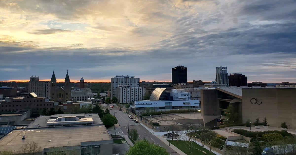 Downtown Akron Ohio skyline at dusk