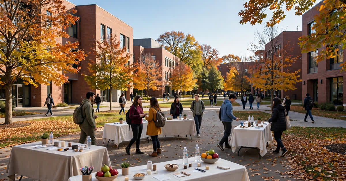 Students at a campus wellness fair on a university plaza in autumn
