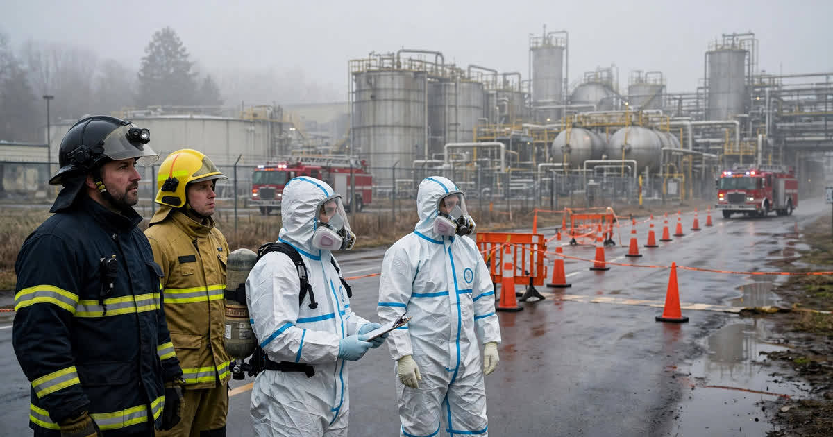 Hazmat responders outside an industrial tank terminal in Toledo