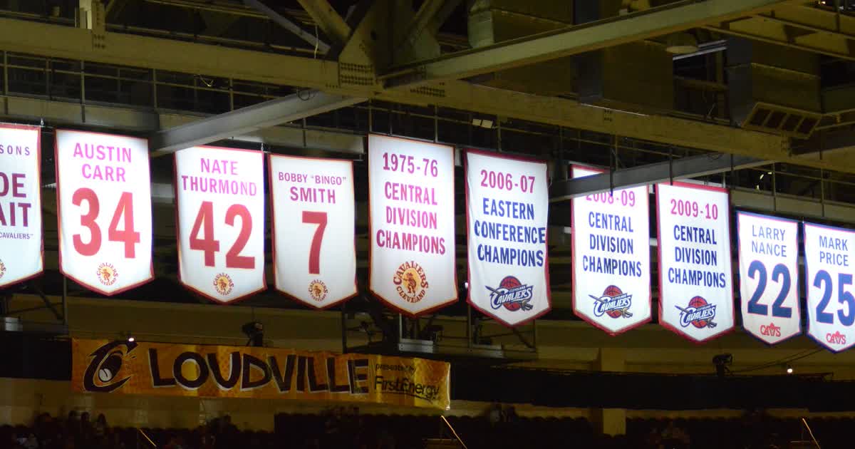 Cleveland Cavaliers retired jersey banners hanging in the arena
