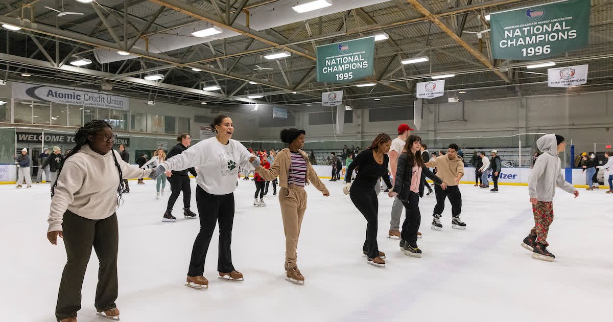Students skating at Bird Ice Arena at Ohio University in Athens