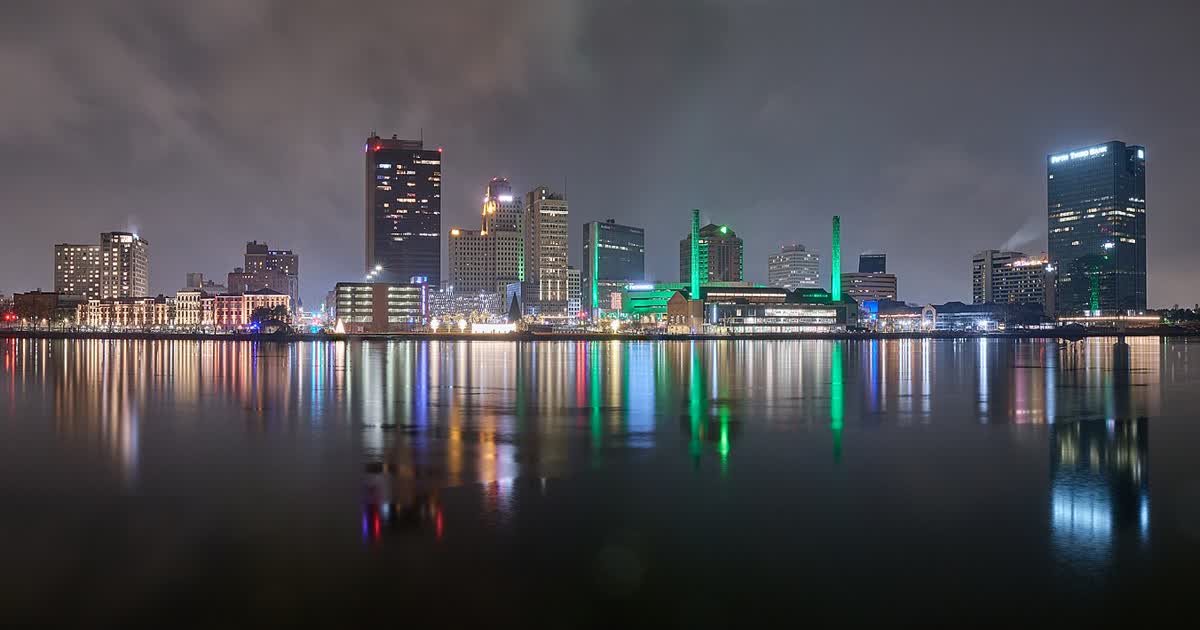 Toledo, Ohio skyline on the Maumee River at night
