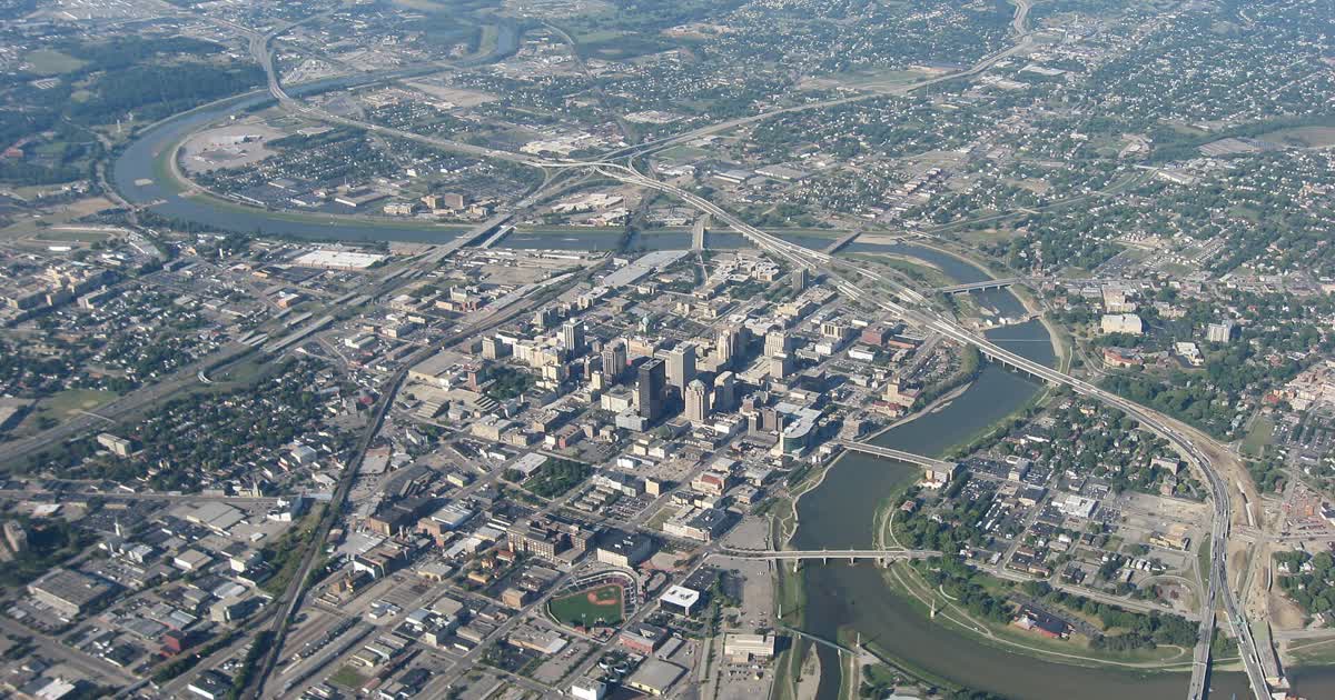 Downtown Dayton, Ohio from the air with the Great Miami River