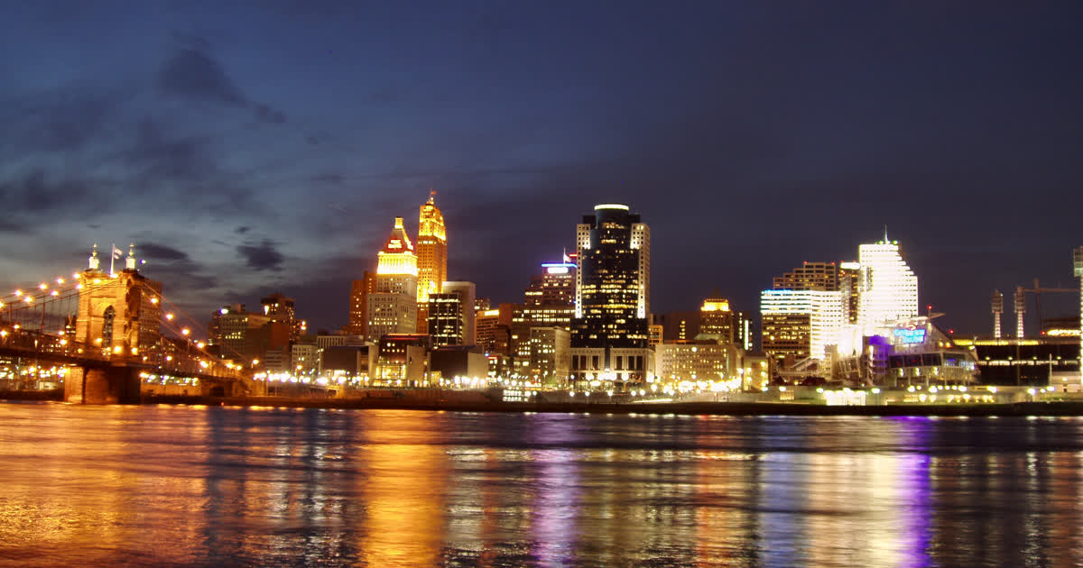 The Cincinnati skyline at night across the Ohio River
