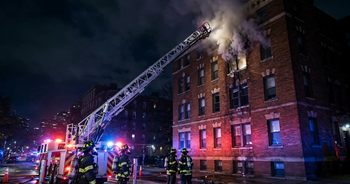 Firefighters and ladder truck at an apartment building fire at night
