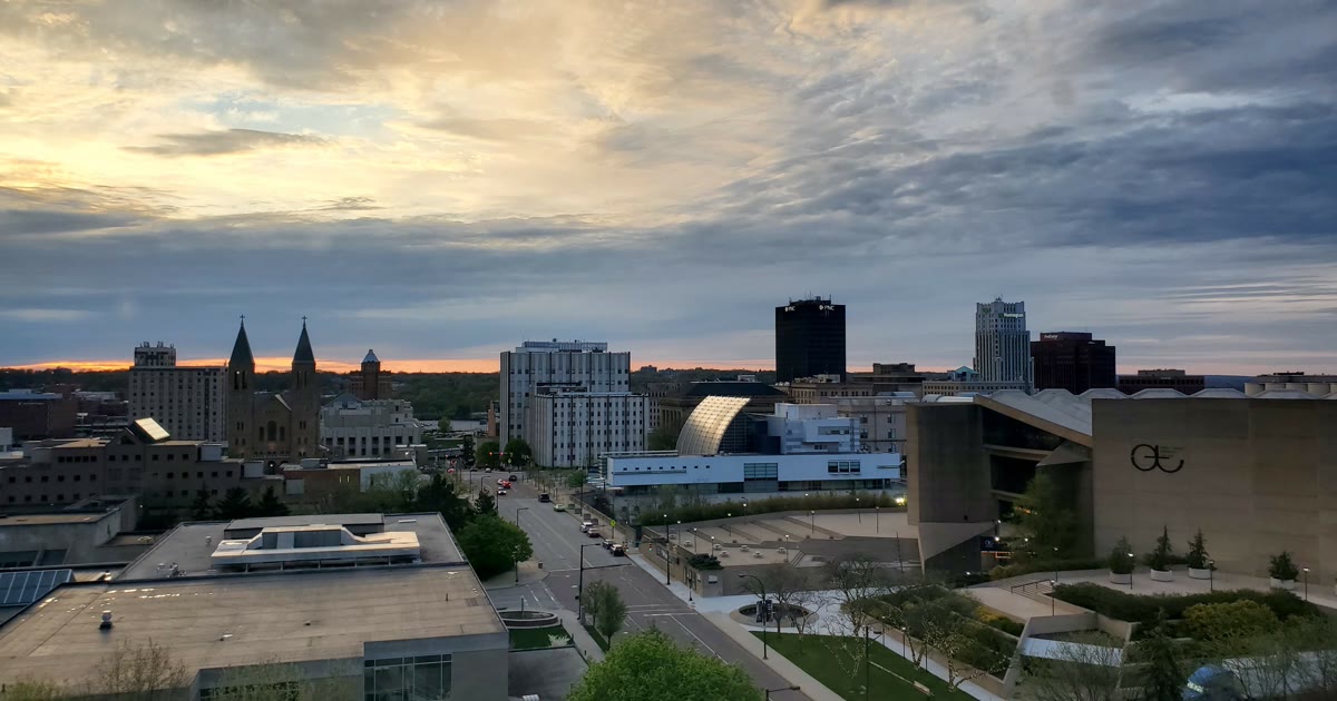 Downtown Akron Ohio skyline at dusk