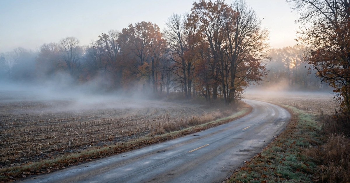 Patchy fog over a rural Ohio road and harvested field at sunrise
