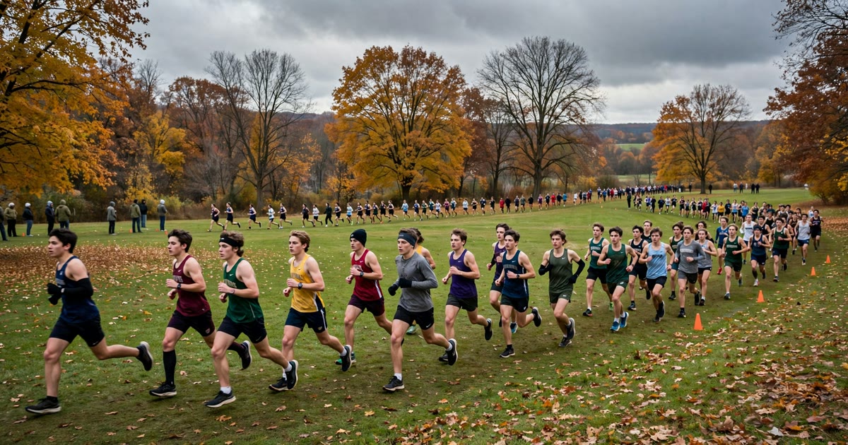 High school cross country runners racing on a grass course in autumn