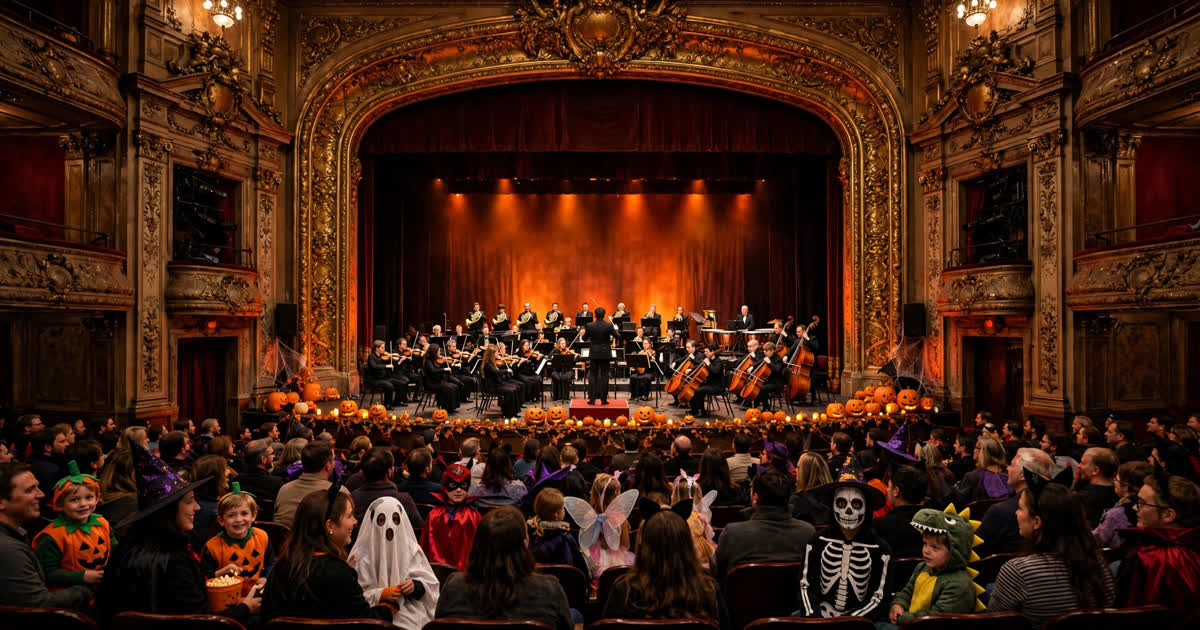 A symphony orchestra performs a family Halloween concert in a historic theatre