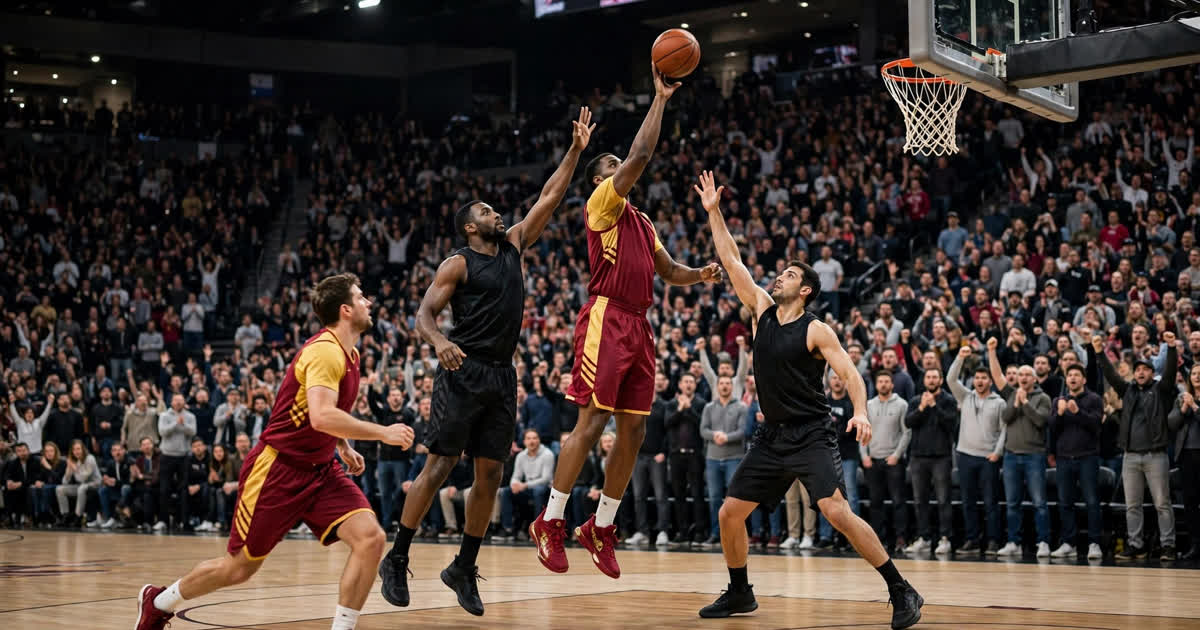 Basketball players in wine and gold uniforms attack the basket against a team in black