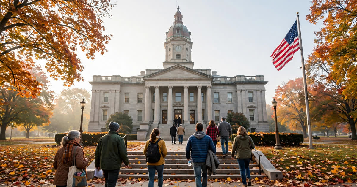 Voters walk up the steps of a county courthouse on an autumn morning