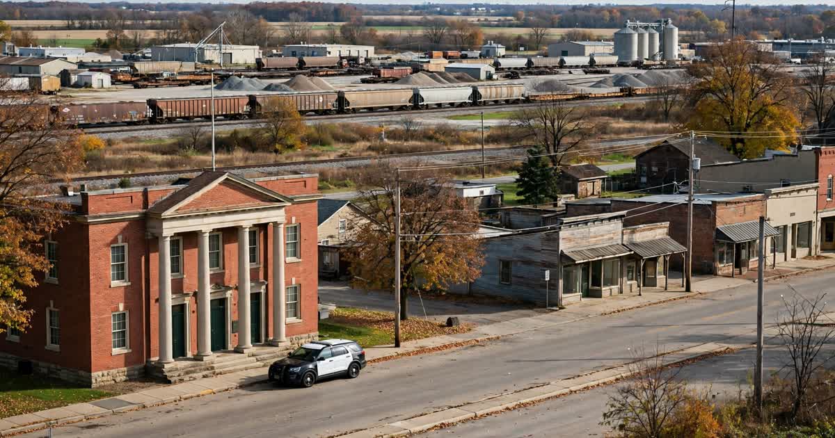 Small Ohio village main street with a rail yard and a police vehicle