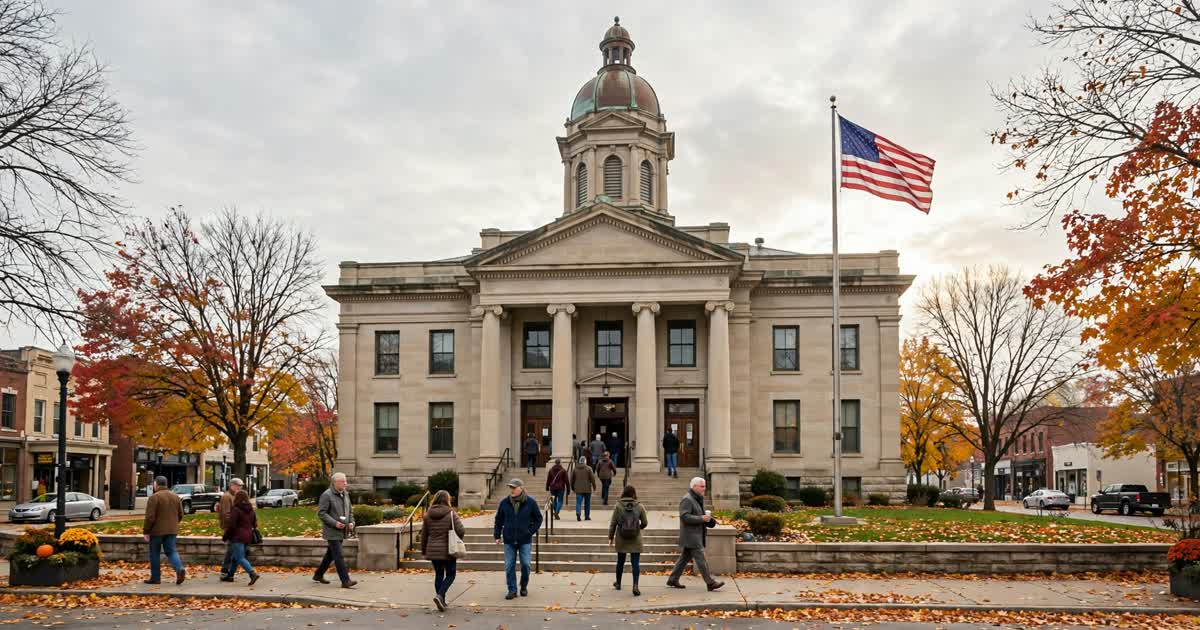 Ohio county courthouse with voters arriving on an autumn morning