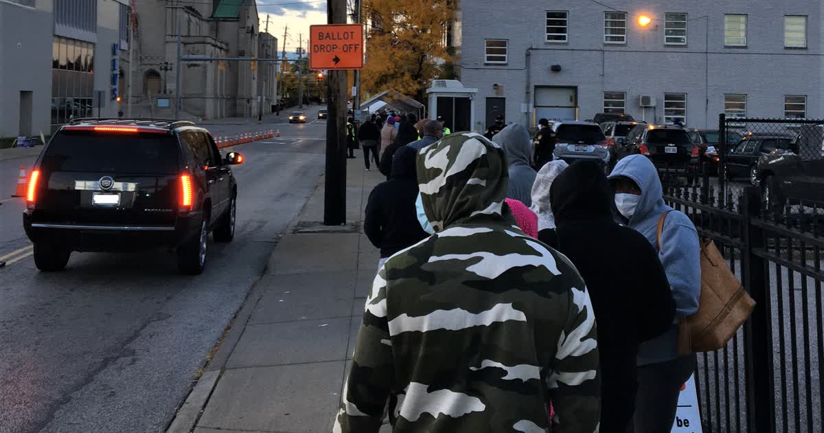 Voters in line outside the Cuyahoga County Board of Elections in Cleveland