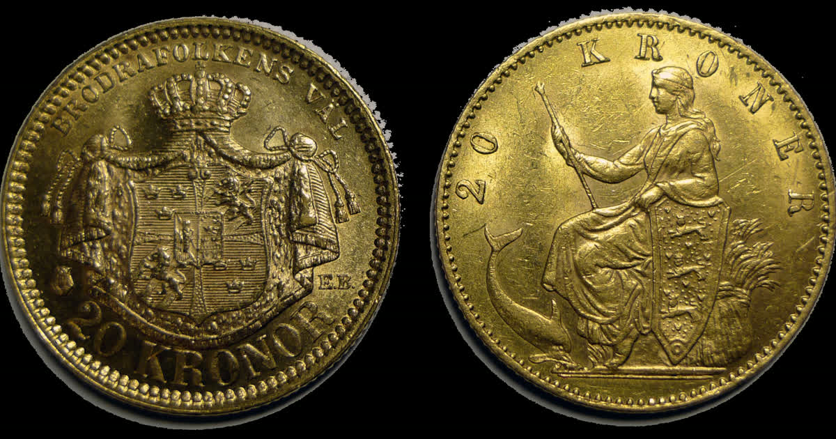 Two gold coins shown front and back