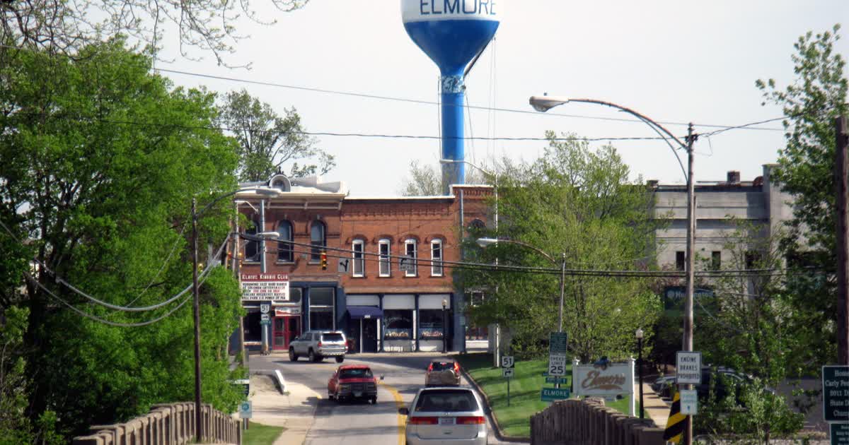 The Elmore water tower over downtown Elmore, Ohio, home of the Woodmore Wildcats