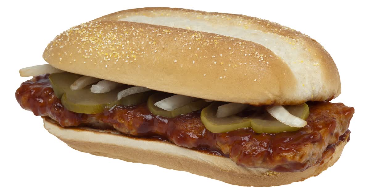 McRib sandwich with pickles, onions and barbecue sauce