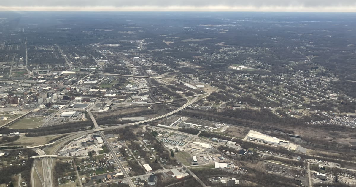 Aerial view of downtown Youngstown, Ohio and its highway interchange