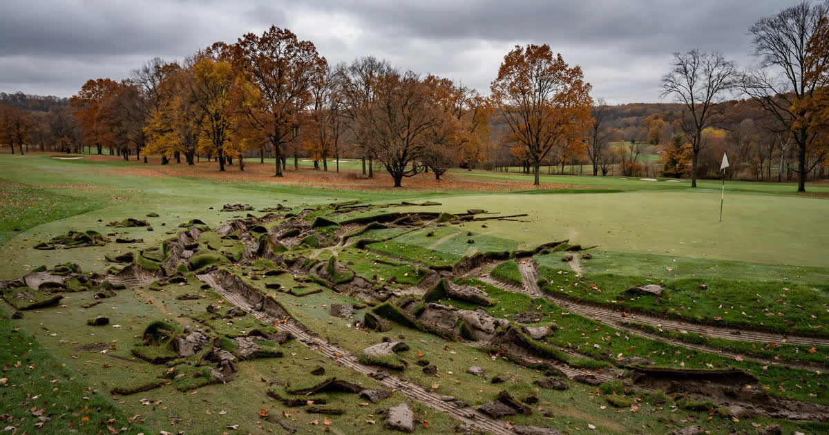 A golf course green with turf torn up by vehicle tracks in autumn