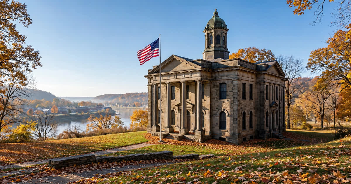 A historic county courthouse in an Ohio river town in autumn