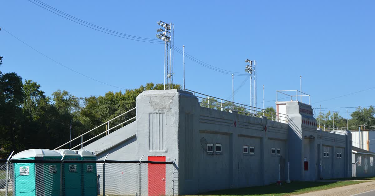 High school football stadium in Southeast Ohio under stadium lights poles