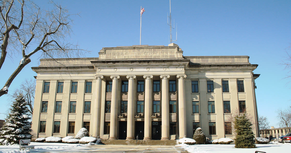 The Mercer County Courthouse in Celina, Ohio, in winter