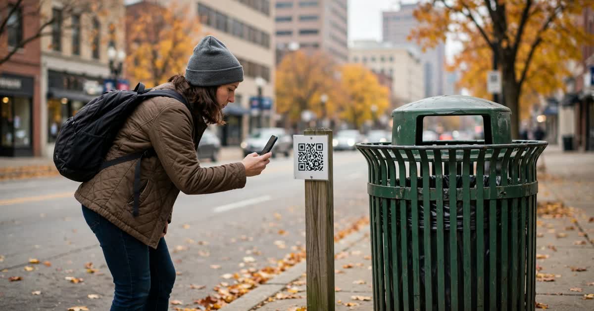 A resident scanning a QR code placard beside a green public trash bin on a downtown Toledo sidewalk
