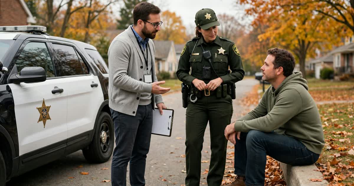 A sheriff's deputy and a behavioral health clinician talking supportively with a resident beside a sheriff's vehicle