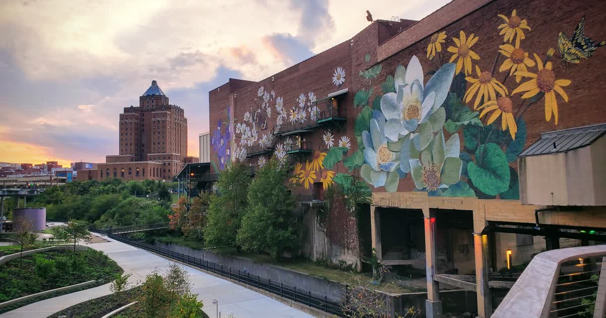 Lock 3 and the canal walk in downtown Akron Ohio at sunset