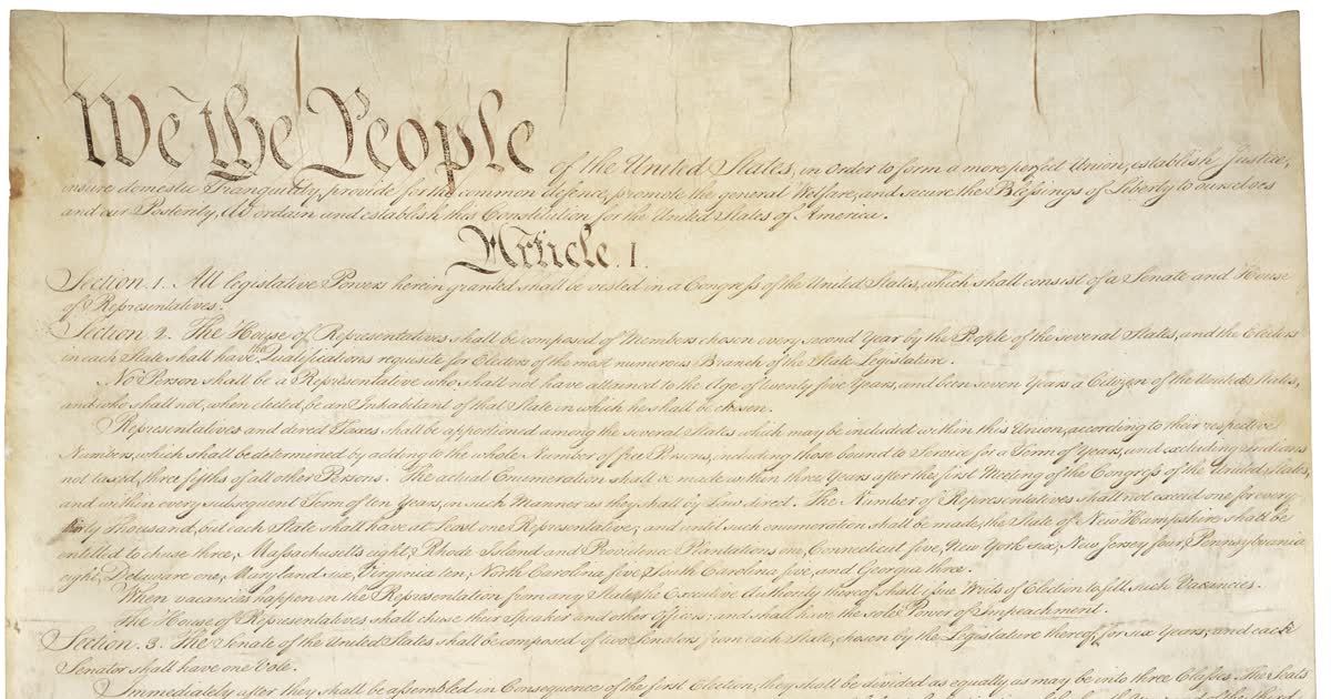 The first page of the United States Constitution opening with We the People