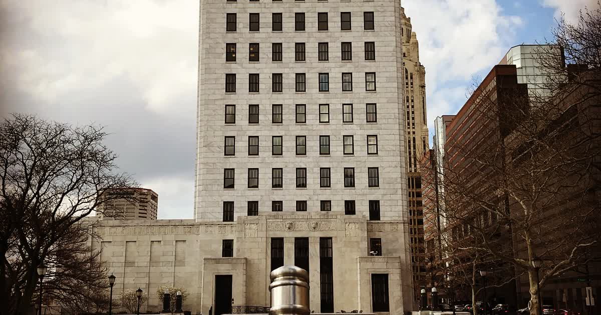 Ohio Judicial Center in Columbus with stainless steel gavel sculpture