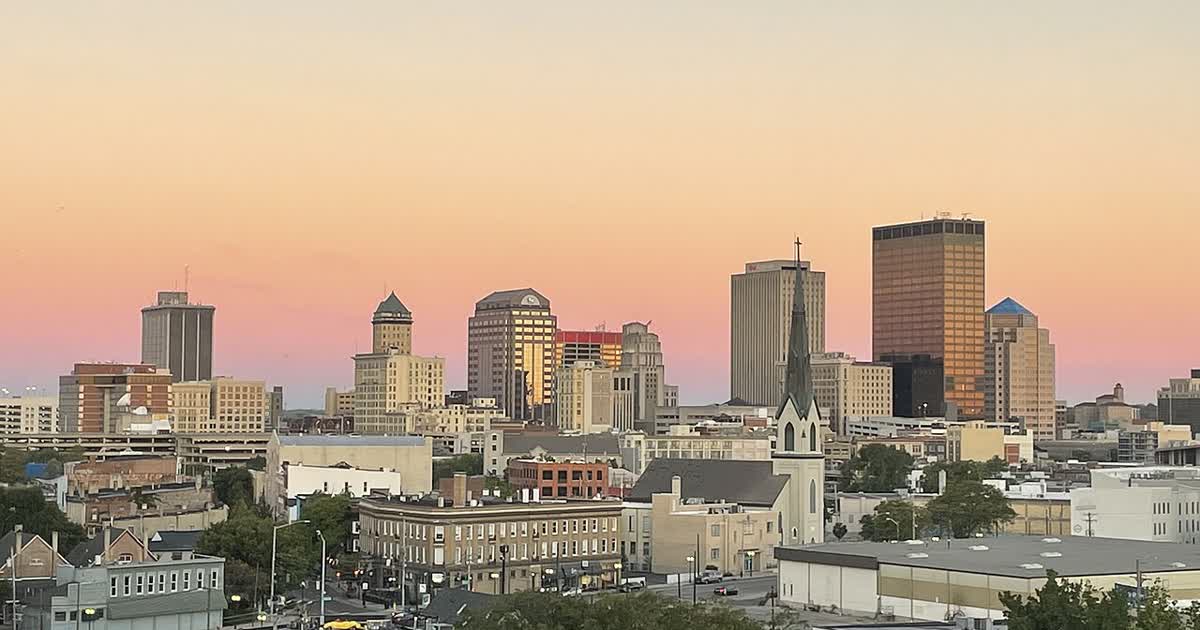 Downtown Dayton skyline at sunset