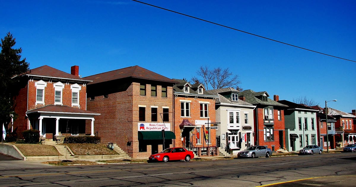 Main Street in Chillicothe Ohio with brick buildings and parked cars