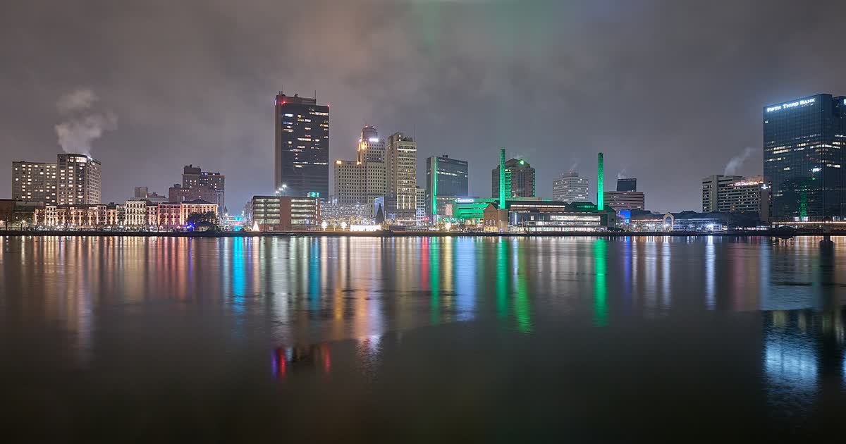 Toledo skyline on the Maumee River at night